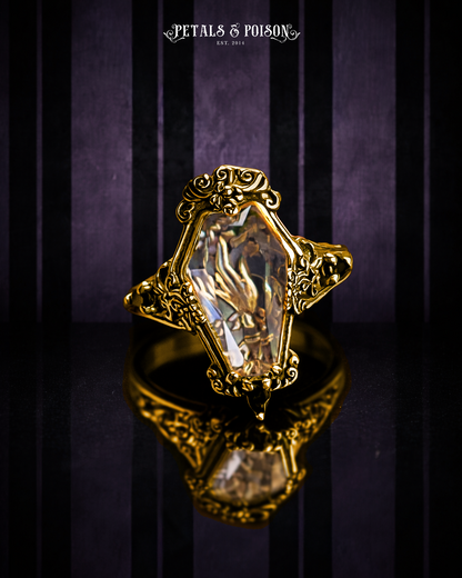 The GOLD "Mourning Hand” Glass Casket Ring