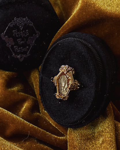 The GOLD "Mourning Hand” Glass Casket Ring